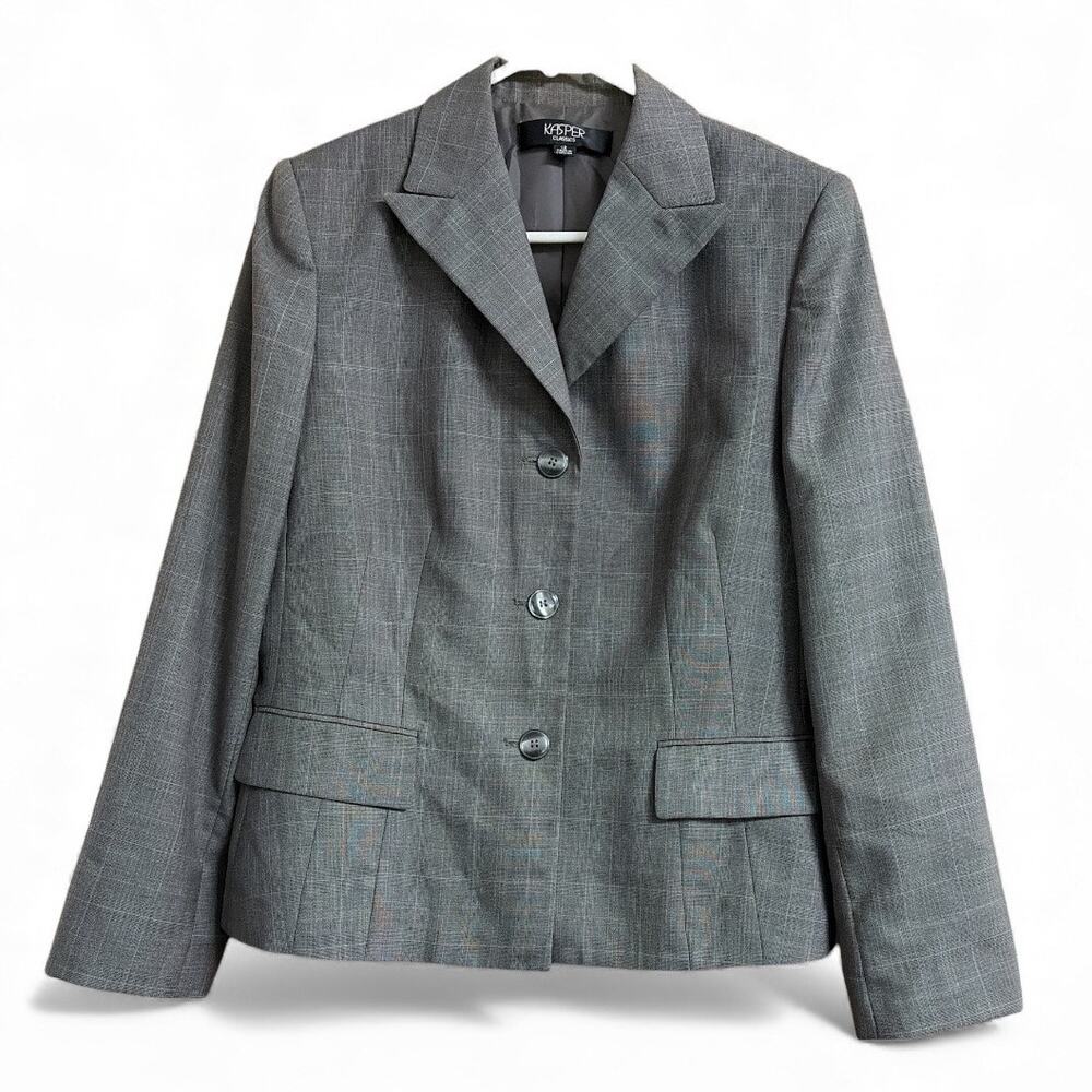 Kasper Classic Pinstripe Plaid Grey Blazer Vintage Jacket 12
